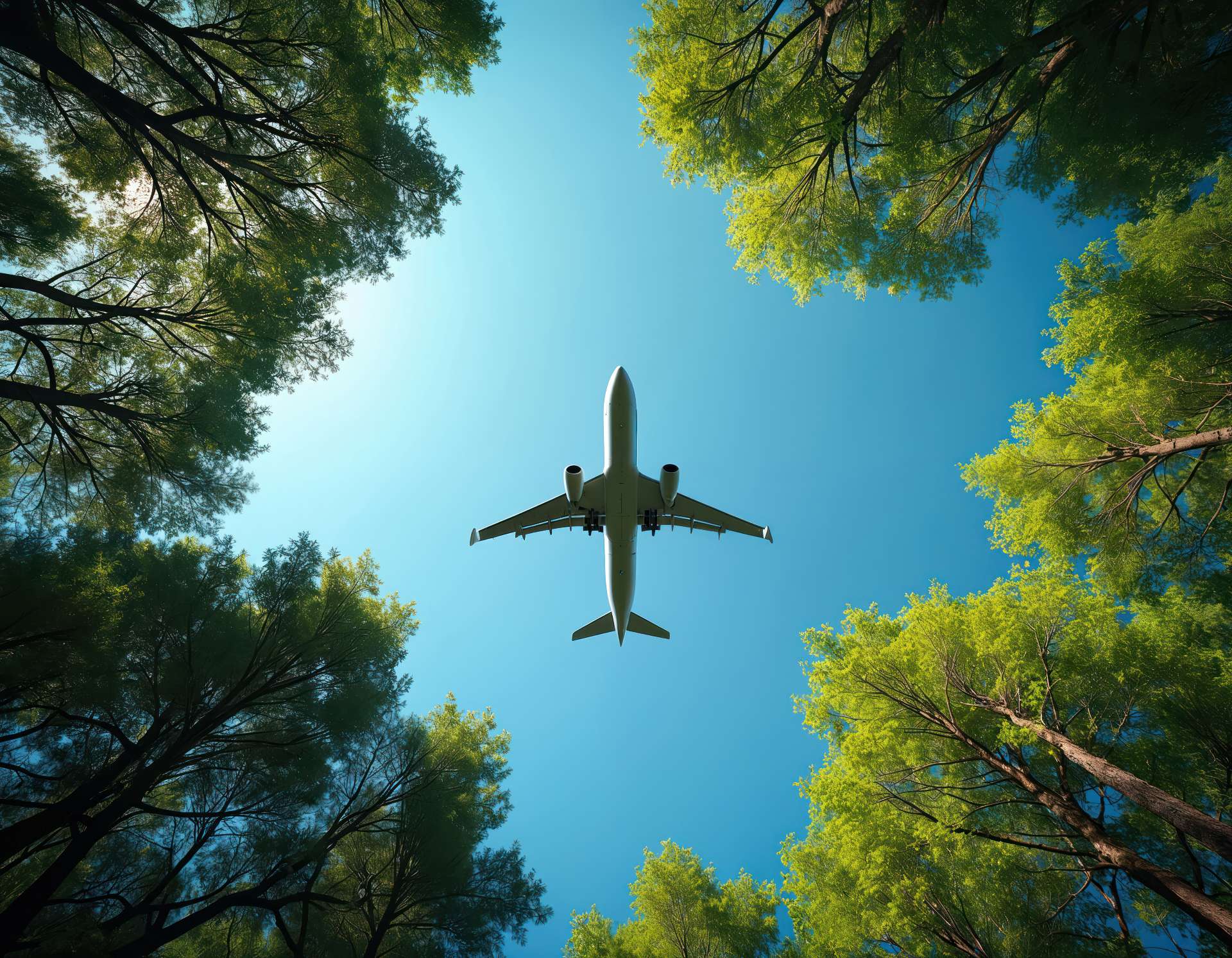 Commercial airplane flying overhead, framed by green trees and clear blue sky