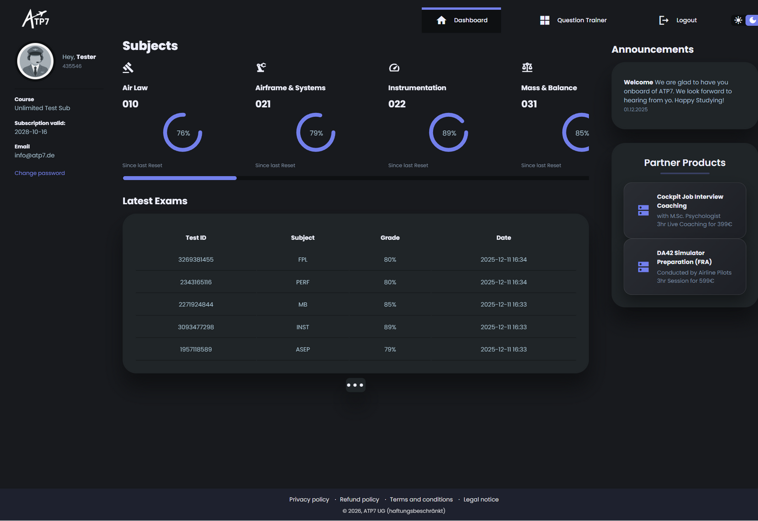 ATP7 Question Trainer Airline Assessment Preparation Tool Dashboard