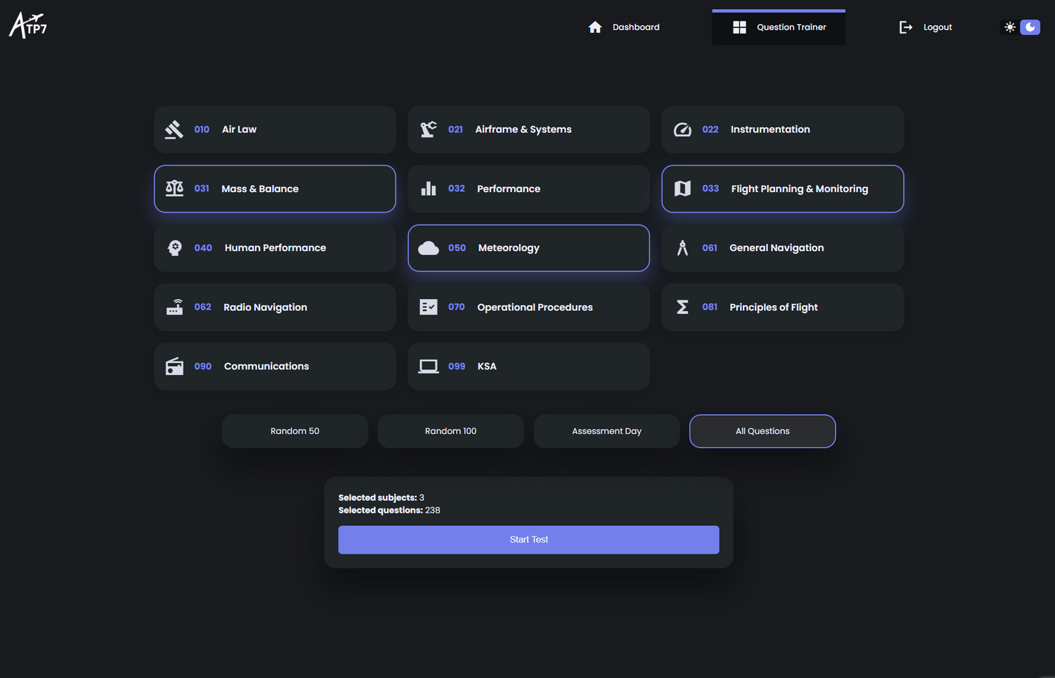 ATP7 Question Trainer Subject Selection