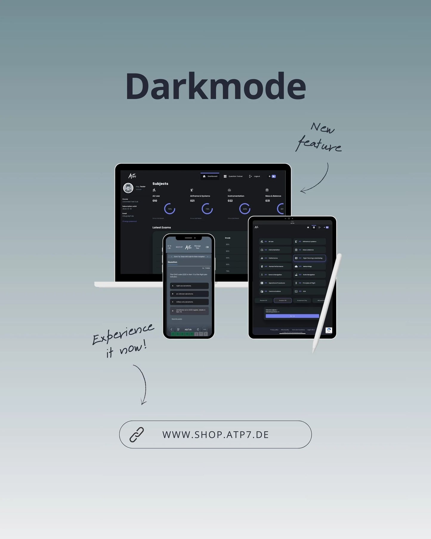 Dark mode feature for pilot training software shown on laptop, tablet, and phone screens.