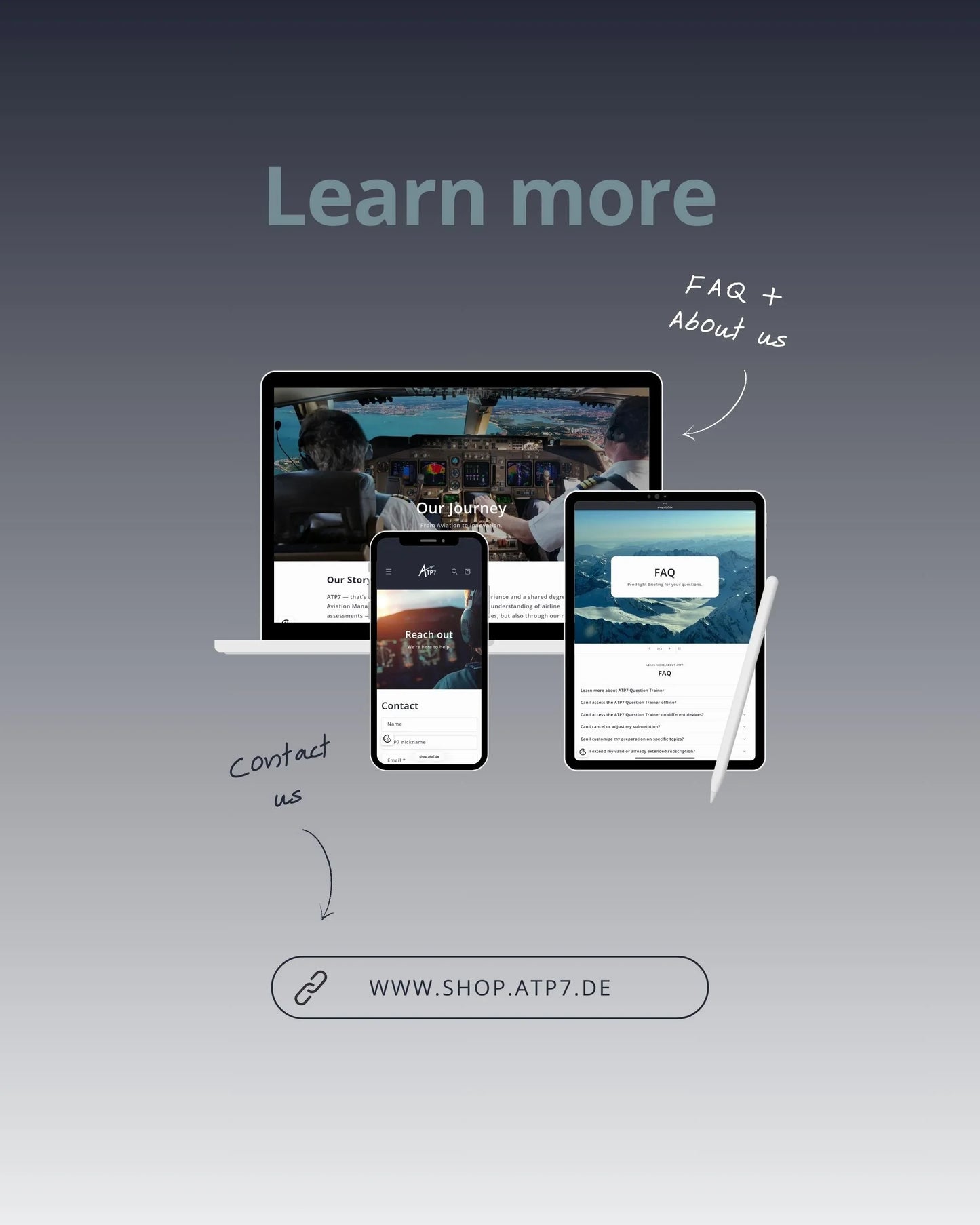 Pilot training website displayed on laptop, smartphone, and tablet with Learn more, FAQ, and contact info.