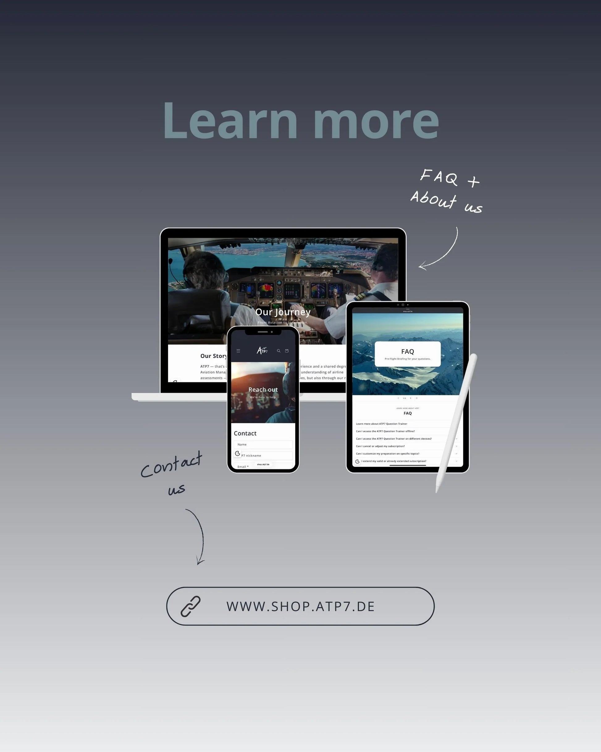 Pilot training website displayed on laptop, smartphone, and tablet with Learn more, FAQ, and contact info.