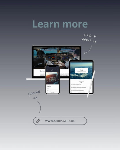Pilot training website displayed on laptop, smartphone, and tablet with Learn more, FAQ, and contact info.