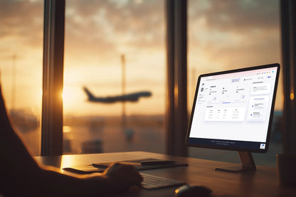 Person using aviation training software on desktop at airport with airplane and sunset outside.